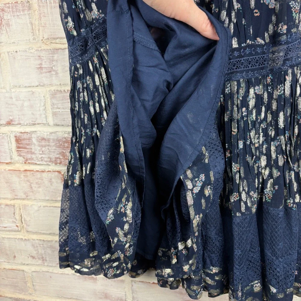 Maeve Anthropologie V-Neck Lurex Oversized Tiered Mini Dress Metallic Lace XXS - Picture 11 of 13